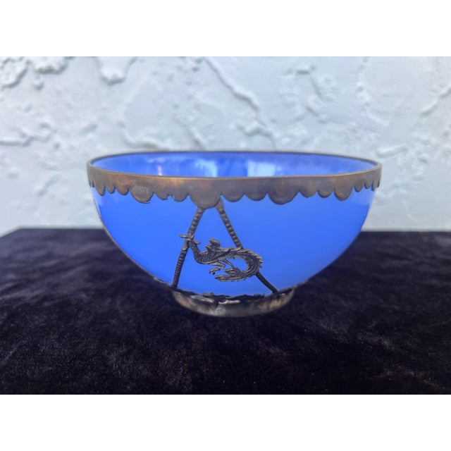 Chinese Antique Chinese Blue Peking Glass Bowl With Signed Ornate Metal Mount For Sale - Image 3 of 8