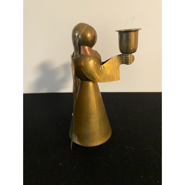 Arts & Crafts Vintage Handmade Brass and Copper Praying Angle Candle Holder For Sale - Image 3 of 5