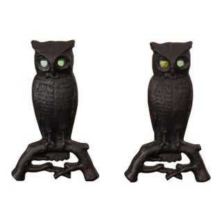 Vintage Cast Iron Perched Owl Andirons With Blue Green Glass Eyes For Sale