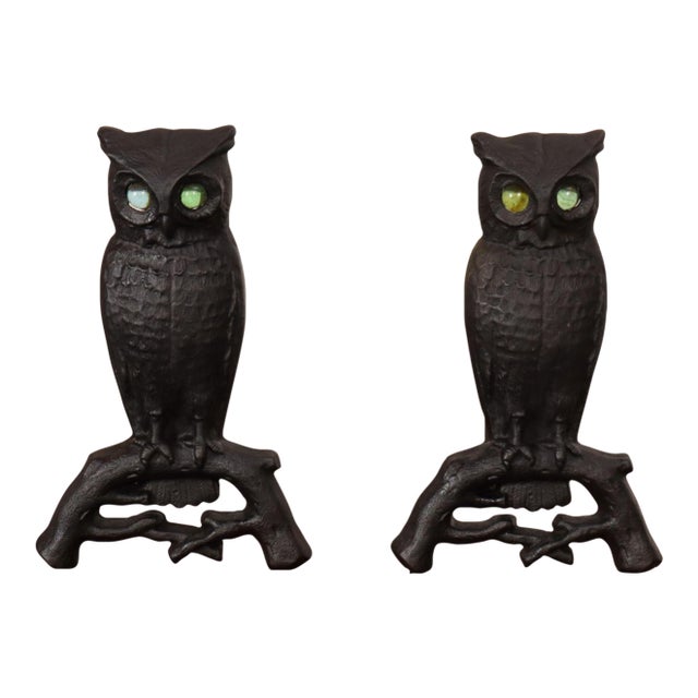 Vintage Cast Iron Perched Owl Andirons With Blue Green Glass Eyes For Sale