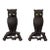 Vintage Cast Iron Perched Owl Andirons With Blue Green Glass Eyes For Sale