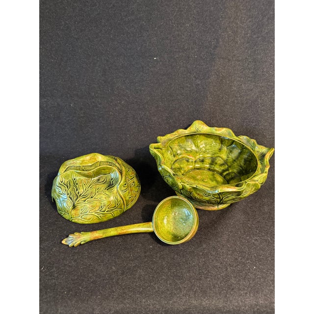 Ceramic Cabbage Covered Serving Dish Vintage Holland With Ladle For Sale - Image 4 of 7