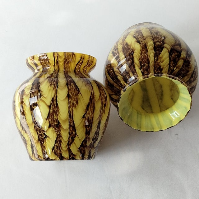 Vintage blown glass posy vases attributed to Franz Welz Czech spatter glass. Yellow and brown zig-zag lines pattern. Pair...