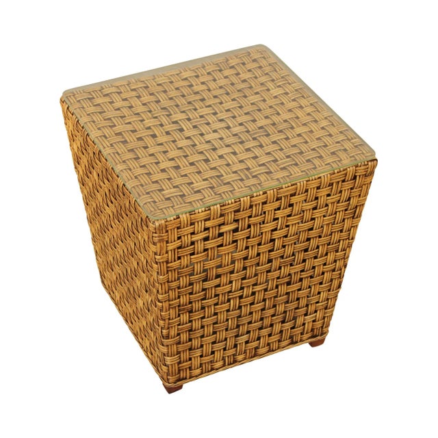 1980s Woven Wicker Square Glass Top Side Table For Sale - Image 13 of 13