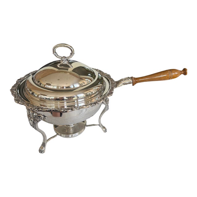 Vintage Crescent No. 549 Silver Plate Chafing Dish With Warming Stand, Lion Paw Feet & Hardwood Handle For Sale