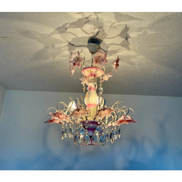 1980s Italian Murano Style Pink Floral Glass Chandelier With Crystals For Sale - Image 17 of 18