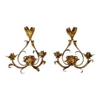 Vintage Gilt Tole Metal Wall Candle Sconces, a Pair For Sale