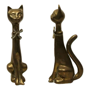 Mid Century Vintage Pair of Tall Brass Cat Figures Heavy Hollywood Regency