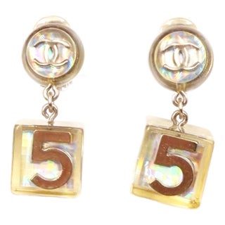 Chanel Vintage Silver CC Iridescent Dice 5 Dangle Clip on Earrings, A Pair For Sale