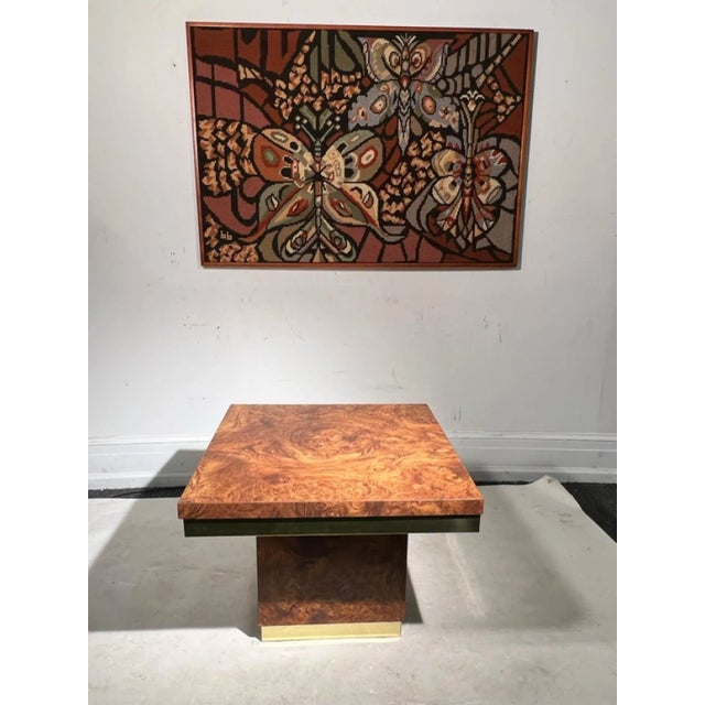 Modern 1970s Modern Burlwood Pattern Formica With Brass Trim Tables - A Pair For Sale - Image 3 of 7
