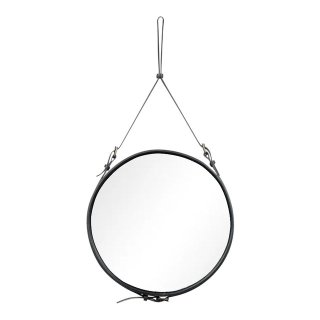 Jacques Adnet Small Circulaire Mirror With Black Leather For Sale