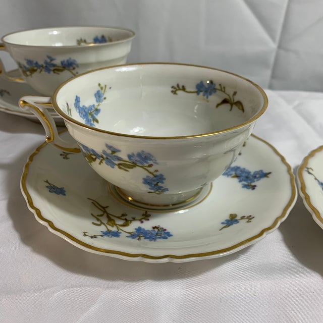 Mid 20th Century Vintage Limoges Theodore Haviland Montmeri Petite Blue Flowers With Gold Accents Tea Cups With Saucers Set of 5 For Sale - Image 5 of 5