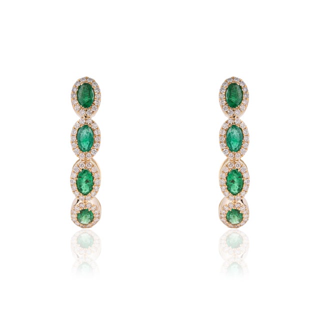 Not Yet Made - Made To Order 14k Gold 1.7ct Natural Emerald & Diamond Halo Art Deco Hoop Earrings- 2 Pieces For Sale - Image 5 of 18