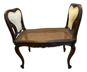 Mid 19th Century French Louis XV Style Carved Walnut and Cane Vanity Bench