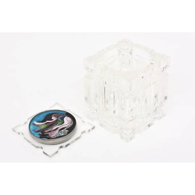 Metal Vintage Lucite Box With Foiled Enameled Abstract Cloisonne Top, 1970's For Sale - Image 7 of 11