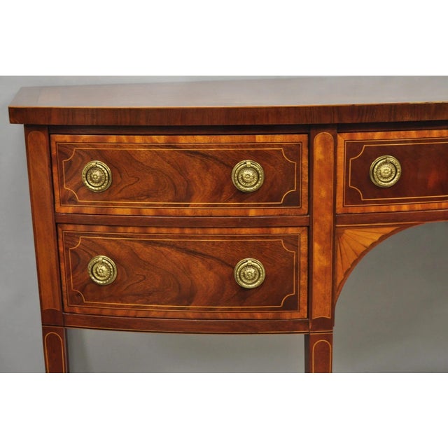 Baker Historic Charleston Mahogany Inlaid Demilune Hepplewhite Sideboard Buffet. Item features a banded inlay top, tall...