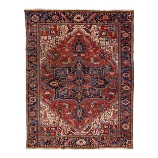 Antique Persian Heriz Handmade Red Wool Rug With Medallion Motif For Sale