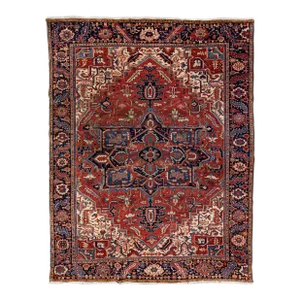 Antique Persian Heriz Handmade Red Wool Rug With Medallion Motif