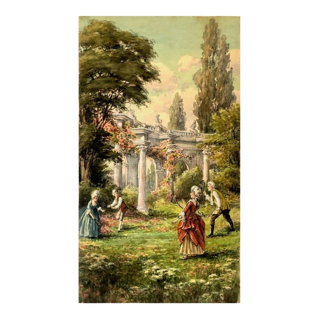 Belle Epoque Watercolor of 18th-Century Courtiers Playing Shuttlecock Game For Sale