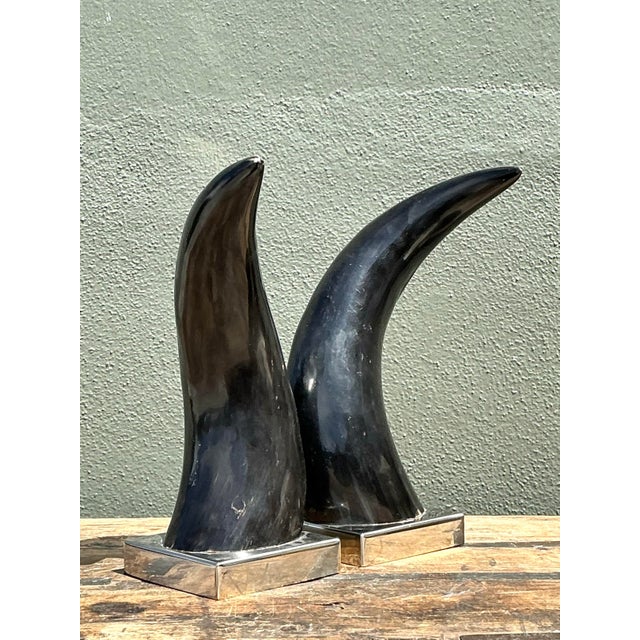 Vintage Natural Horns on Chrome Plinths - Set of 2 For Sale - Image 10 of 12