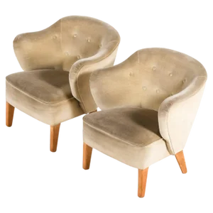 Set of Easy Chairs in Ash Legs with Velvet Mohair attributed to Flemming Lassen, 1940s
