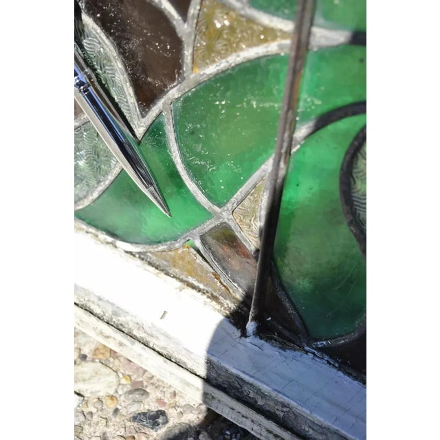 Antique Art Nouveau Stained Glass Blue Green Orange Fleur De Lis Window For Sale - Image 9 of 11