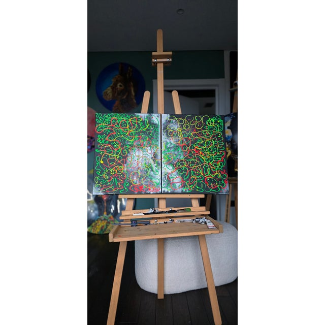 Oksana Babala Neon Diptych – Abstract Oil Painting on Canvas – 2‑in‑1 Set For Sale - Image 16 of 17