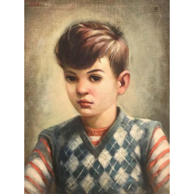 Portrait of Boy in Blue Argyle Sweater Oil Painting by Robert Rukavina For Sale - Image 4 of 13