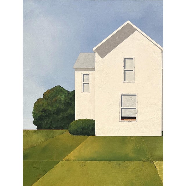 The Old Farmhouse by Justin Wheatley | Acrylic on Canvas White Farmhouse With Green Fields For Sale - Image 4 of 11