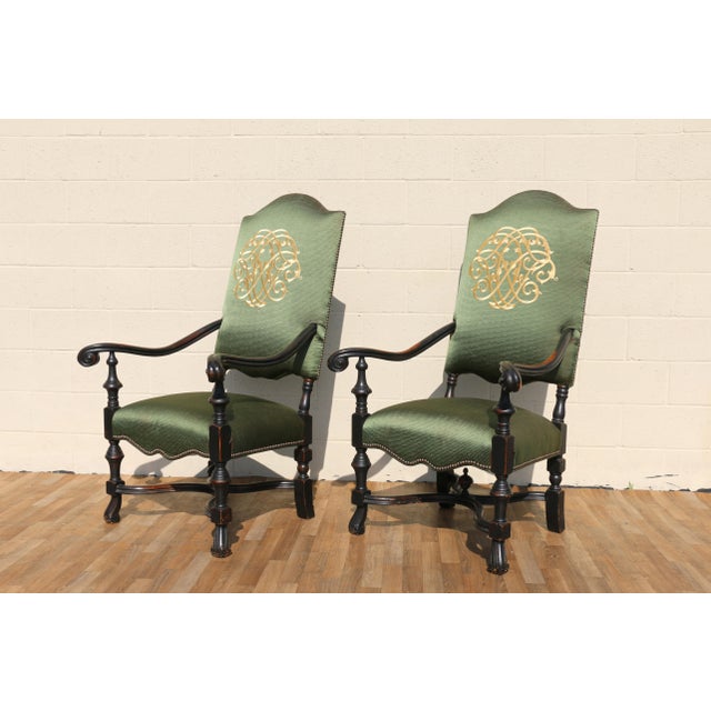 Traditional Pair of Antique High Back Throne Armchairs | Green Upholstery & Gold Monogram | Early 20th Century For Sale - Image 3 of 18