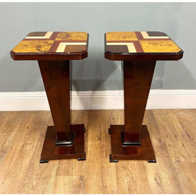 Art Deco Inlaid Pedestal Side Tables, Set of 2 For Sale - Image 9 of 16