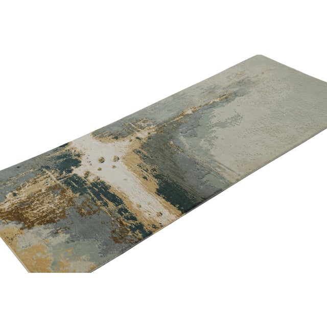 Rug & Kilim Rug & Kilim’s Abstract Runner Rug in Gray, Gold and Blue Patterns For Sale - Image 4 of 8