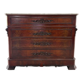 19th Century French Louis Philippe Burl Walnut Marble Top Chest of Drawer / Commodes For Sale
