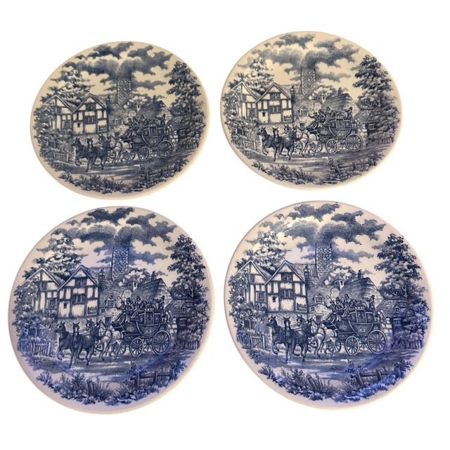 Vintage Blue and White Transferware Plates With Coaching Scene by Oxford Pottery - A Set of 4 For Sale In Birmingham - Image 6 of 12