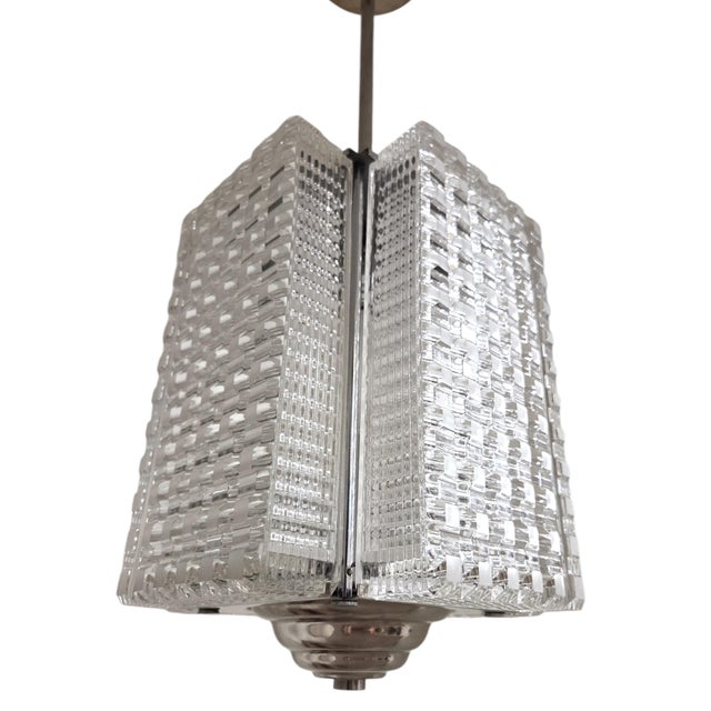 Transparent Mid 20th Century Rectangular 4 Panel Architectural Lantern, Art Glass, Polished Nickel & Chrome Stem For Sale - Image 8 of 14