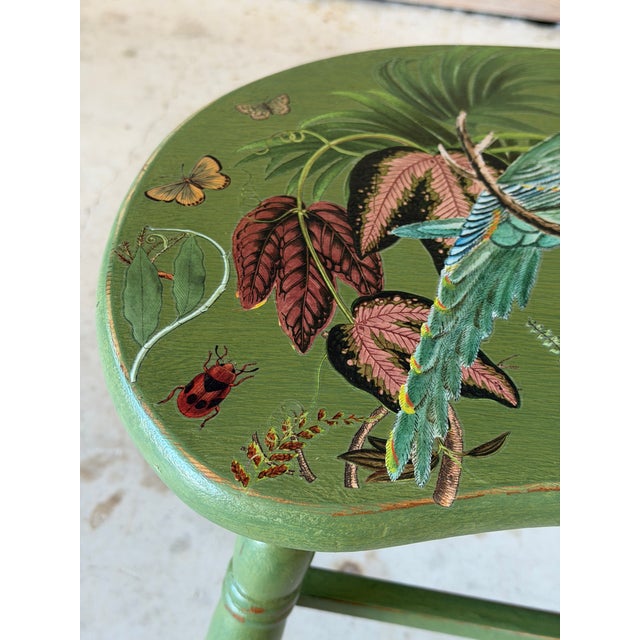 Boho Chic Vintage Boho Coastal Custom Stool With Botanical Parrot Decoupage For Sale - Image 3 of 12