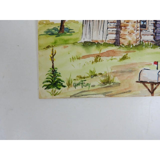 Small vintage late 20th century watercolor on paper painting of rustic log cabin and landscape. Signed Gene Flury lower...
