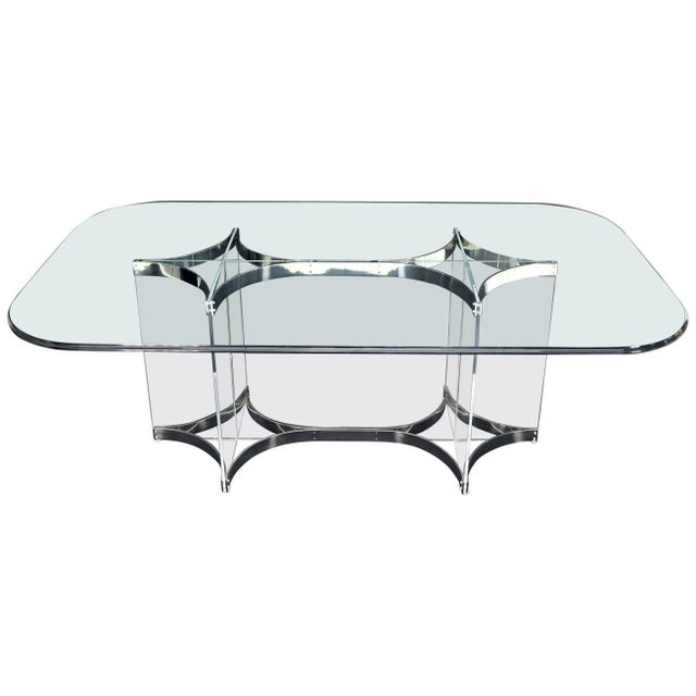 Large Glass Top Lucite & Stainless Base Rectangle Dining Table w/ Rounded Corner For Sale - Image 13 of 13