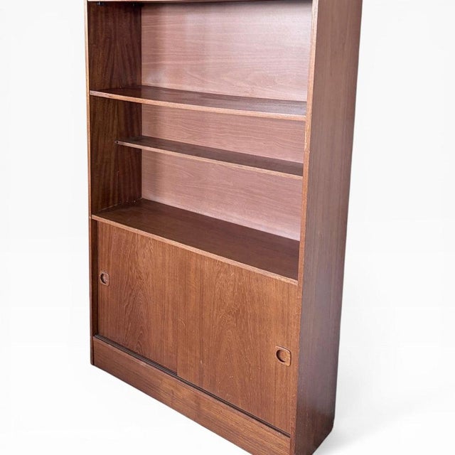 Wood Tall Vintage Danish Teak Bookcase with Sliding Doors For Sale - Image 7 of 10