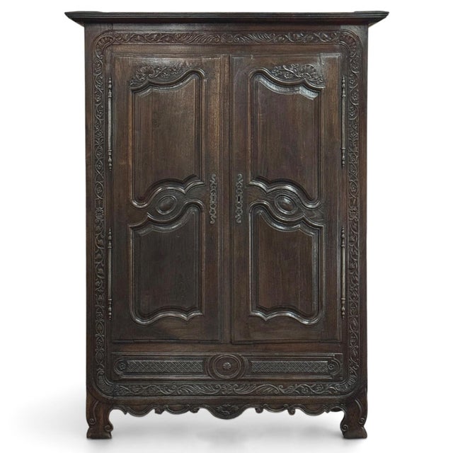 French Provincial 18th Century Country French Normandy Carved Oak Armoire For Sale - Image 3 of 18