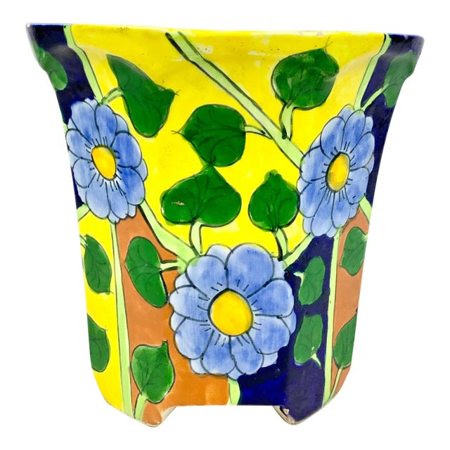 Vintage Colorful Mexican Floral Planter For Sale