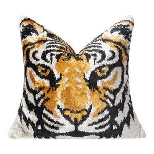 Handmade Silk Velvet Tiger Face Throw Pillow, Bold Black, Orange, and White With Down Feather Insert