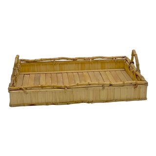 Late 20th Century Large 21" Bamboo Rattan Tray With Natural Raised Edge Boho Nautical For Sale