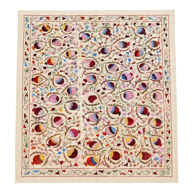 Square Ivory Silk Suzani Tapestry With Pomegranates For Sale