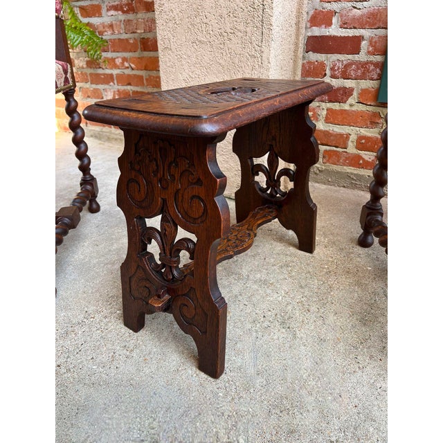 Late 19th Century Antique French Bench Stool Gothic Renaissance Carved Oak Trestle Fleur De Lis For Sale - Image 5 of 12
