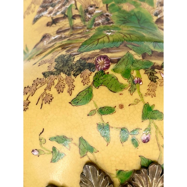 Metal Vintage Chinoiserie Bronze Ormolu Mounted Yellow Porcelain Vase For Sale - Image 7 of 15