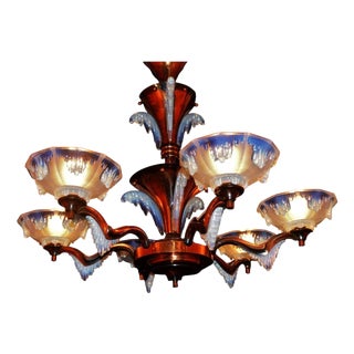 French Art Deco Ezan Six-Light Opalescent Glass Stalactite Chandelier, 1930 For Sale