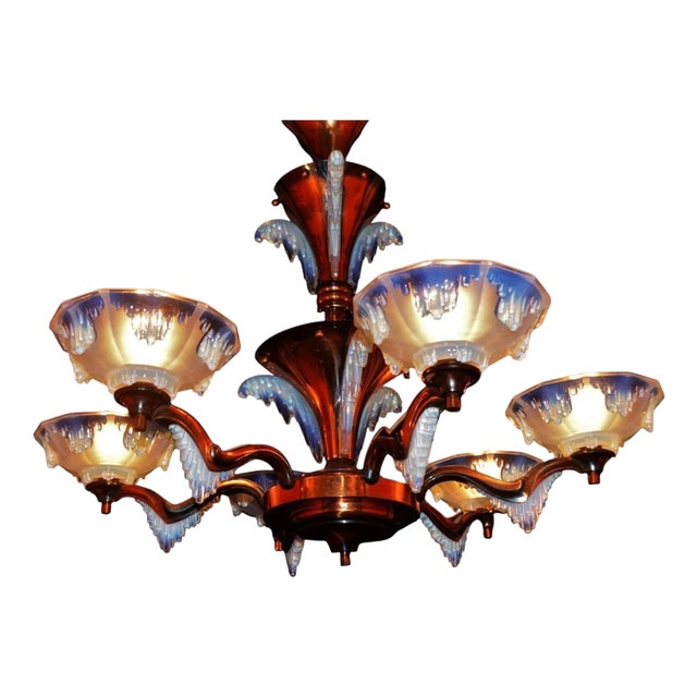 French Art Deco Ezan Six-Light Opalescent Glass Stalactite Chandelier, 1930 For Sale