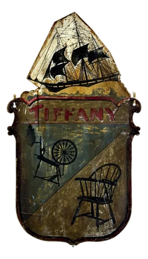 Antique 19th Century Double Sided Metal Furniture Shop Trade Sign With Ship Design, Tiffany