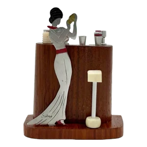 Signed Sudre Art Deco Cocktail Pick Set — Female Bartender, Paris